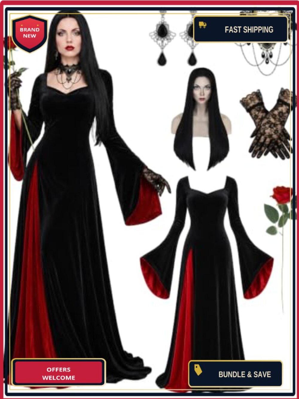 Morticia Addams Costume Set Velvet Dress Wig Necklace Earrings Gloves Rose